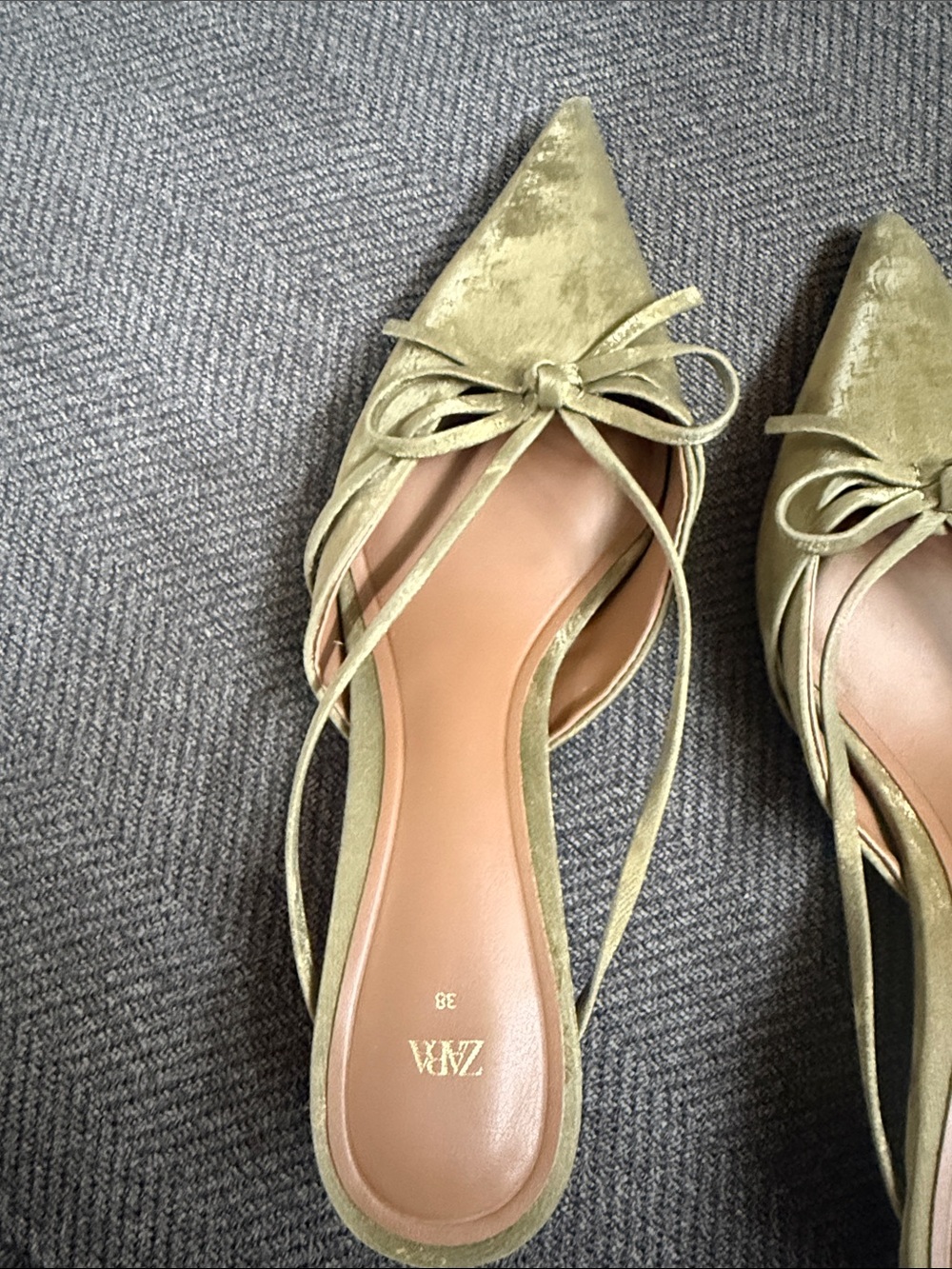 Zara Olive Green Velvet Pointed Toe Mules - Picture 4 of 9